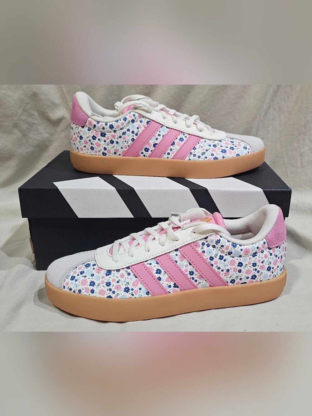 adidas VL Court 3.0 Kids Floral Low-Top Sneakers in Pink Girls Size 6 Youth
